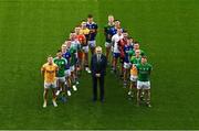 8 May 2023; Uachtarán Chumann Lúthchleas Gael Larry McCarthy, centre, with players, from left, Peter Healy of Antrim, Chris Farley of London, Paddy Fox of Longford, Paul Maher of Limerick, Raymond Galligan of Cavan, Darragh Foley of Carlow, Eoghan Nolan of Wexford, Stephen O’Brien of Tipperary, Matthew Costello of Meath, Padraig O’Toole of Wicklow, Dermot Ryan of Waterford, Niall McParland of Down, Mark Barry of Laois, Paddy Maguire of Leitrim, Declan Hogan of Offaly, Declan McCusker of Fermanagh, during the Tailteann Cup launch at Croke Park in Dublin. Photo by David Fitzgerald/Sportsfile