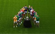 8 May 2023; In attendance are players, from left, Peter Healy of Antrim, Chris Farley of London, Paddy Fox of Longford, Paul Maher of Limerick, Raymond Galligan of Cavan, Darragh Foley of Carlow, Eoghan Nolan of Wexford, Stephen O’Brien of Tipperary, Matthew Costello of Meath, Padraig O’Toole of Wicklow, Dermot Ryan of Waterford, Niall McParland of Down, Mark Barry of Laois, Paddy Maguire of Leitrim, Declan Hogan of Offaly, Declan McCusker of Fermanagh, during the Tailteann Cup launch at Croke Park in Dublin. Photo by David Fitzgerald/Sportsfile