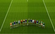 8 May 2023; In attendance are players, from left, Peter Healy of Antrim, Chris Farley of London, Paddy Fox of Longford, Paul Maher of Limerick, Raymond Galligan of Cavan, Darragh Foley of Carlow, Eoghan Nolan of Wexford, Stephen O’Brien of Tipperary, Matthew Costello of Meath, Padraig O’Toole of Wicklow, Dermot Ryan of Waterford, Niall McParland of Down, Mark Barry of Laois, Paddy Maguire of Leitrim, Declan Hogan of Offaly, Declan McCusker of Fermanagh, during the Tailteann Cup launch at Croke Park in Dublin. Photo by David Fitzgerald/Sportsfile