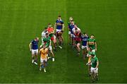 8 May 2023; In attendance are players, from left, Peter Healy of Antrim, Chris Farley of London, Paddy Fox of Longford, Paul Maher of Limerick, Raymond Galligan of Cavan, Darragh Foley of Carlow, Eoghan Nolan of Wexford, Stephen O’Brien of Tipperary, Matthew Costello of Meath, Padraig O’Toole of Wicklow, Dermot Ryan of Waterford, Niall McParland of Down, Mark Barry of Laois, Paddy Maguire of Leitrim, Declan Hogan of Offaly, Declan McCusker of Fermanagh, during the Tailteann Cup launch at Croke Park in Dublin. Photo by David Fitzgerald/Sportsfile