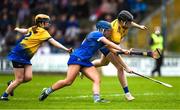 7 May 2023; Shauna McDermott of Roscommon in action against Susie Delaney of Laois during the Electric Ireland Minor B All-Ireland Championship Final match between Laois and Roscommon at St. Brendan’s Park in Birr, Offaly. Photo by Tom Beary/Sportsfile
