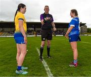 7 May 2023; Referee Eamon Cassidy, with Roscommon captain Mairead Lohan and Laois captain Tara Lowry before the Electric Ireland Minor B All-Ireland Championship Final match between Laois and Roscommon at St. Brendan’s Park in Birr, Offaly. Photo by Tom Beary/Sportsfile