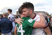 6 May 2023; Davy Glennon of Westmeath with Jason Flynn of Galway after the Leinster GAA Hurling Senior Championship Round 3 match between Westmeath and Galway at TEG Cusack Park in Mullingar, Westmeath. Photo by Michael P Ryan/Sportsfile