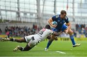 6 May 2023; Liam Turner of Leinster is tackled by Aphelele Fassi of Cell C Sharks during the United Rugby Championship Quarter-Final between Leinster and Cell C Sharks at Aviva Stadium in Dublin. Photo by Brendan Moran/Sportsfile