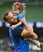 6 May 2023; Jamison Gibson-Park of Leinster with his daughter Iris after the United Rugby Championship Quarter-Final between Leinster and Cell C Sharks at Aviva Stadium in Dublin. Photo by Brendan Moran/Sportsfile