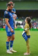 6 May 2023; Jamison Gibson-Park of Leinster with his daughters Iris and Isabella, right, after the United Rugby Championship Quarter-Final between Leinster and Cell C Sharks at Aviva Stadium in Dublin. Photo by Brendan Moran/Sportsfile