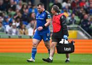 6 May 2023; Cian Healy of Leinster leaves the pitch with an injury, accompanied by Leinster head of medical Professor John Ryan during the United Rugby Championship Quarter-Final between Leinster and Cell C Sharks at Aviva Stadium in Dublin. Photo by Brendan Moran/Sportsfile