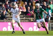 6 May 2023; Liam Collins of Galway in action against Conor Shaw of Westmeath during the Leinster GAA Hurling Senior Championship Round 3 match between Westmeath and Galway at TEG Cusack Park in Mullingar, Westmeath. Photo by Michael P Ryan/Sportsfile