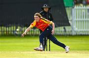 7 May 2023; Lara Maritz of Scorchers fielding her bowl during the Evoke Super Series 2023 match between Dragons and Scorchers at Lisburn Cricket Club, Wallace Park in Lisburn, Down. Photo by Oliver McVeigh/Sportsfile