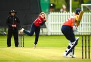7 May 2023; Amy Hunter of Dragons bowling to Mary-Anne Musonda of Scorchers during the Evoke Super Series 2023 match between Dragons and Typhoons at Lisburn Cricket Club, Wallace Park in Lisburn, Down. Photo by Oliver McVeigh/Sportsfile