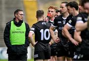 7 May 2023; Sligo manager Tony McEntee speaks to his players during the pre-match parade before the Connacht GAA Football Senior Championship Final match between Sligo and Galway at Hastings Insurance MacHale Park in Castlebar, Mayo. Photo by Brendan Moran/Sportsfile