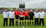 7 May 2023; Referee Brendan Cawley, fourth from left, with his match officials before the Connacht GAA Football Senior Championship Final match between Sligo and Galway at Hastings Insurance MacHale Park in Castlebar, Mayo. Photo by Brendan Moran/Sportsfile