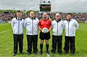 7 May 2023; Referee Brendan Cawley, centre, with his umpires before the Connacht GAA Football Senior Championship Final match between Sligo and Galway at Hastings Insurance MacHale Park in Castlebar, Mayo. Photo by Brendan Moran/Sportsfile