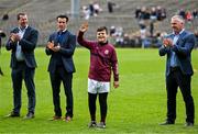 7 May 2023; Ruan Divilly, son of Galway selector John Divilly, acknowledges the crowd's applause, during the presentation of the 1998 Galway Connacht championship winning team before the Connacht GAA Football Senior Championship Final match between Sligo and Galway at Hastings Insurance MacHale Park in Castlebar, Mayo. Photo by Brendan Moran/Sportsfile