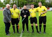 6 May 2023; FAI President, Gerry McAnaney, left, with referee Niall McLoughlin, second from right and his match officials after the FAI Under 17 Cup Final 2022/23 match between Cherry Orchard FC and St Kevin’s Boys FC at Richmond Park in Dublin. Photo by Tyler Miller/Sportsfile