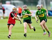 6 May 2023; Caileigh McConnell of Down in action against Amy McLoughlin, left, and Ruth O'Connor of Kerry during the Electric Ireland Minor C All-Ireland Championship Final match between Down and Kerry at Clane GAA in Kildare. Photo by Stephen Marken/Sportsfile