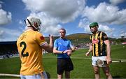 7 May 2023; Referee Shane Hynes, with captains Paddy Burke of Antrim Eoin Cody of Kilkenny before the Leinster GAA Hurling Senior Championship Round 3 match between Antrim and Kilkenny at Corrigan Park in Belfast. Photo by Ramsey Cardy/Sportsfile