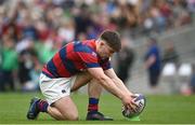 7 May 2023; Tadhg Bird of Clontarf lines up a kick during the Energia All-Ireland League Men's Division 1A Final match between Clontarf and Terenure at the Aviva Stadium in Dublin. Photo by Harry Murphy/Sportsfile