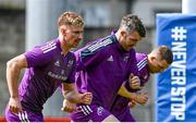 9 May 2023; Munster players, from left, Ben Healy, Peter O'Mahony and Andrew Conway during a Munster Rugby squad training session at Thomond Park in Limerick. Photo by Harry Murphy/Sportsfile