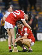 9 May 2023; Jayden Casey and Conor McCarthy of Cork after their side's defeat in the 2023 Electric Ireland Munster GAA Hurling Minor Championship Final  match between Cork and Clare at FBD Semple Stadium in Thurles, Tipperary. Photo by Harry Murphy/Sportsfile