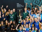 10 May 2023; Republic of Ireland manager Vera Pauw, right, former Republic of Ireland international Olivia O'Toole and Republic of Ireland international Abbie Larkin with participants and the FIFA Women’s World Cup trophy during a grassroots girls schools blitz, part of the FIFA Women’s World Cup Trophy Tour in Dublin, at Irishtown Stadium in Dublin. The FIFA Women’s World Cup Trophy Tour began in February and is visiting all 32 of the tournament’s participating nations – more countries than ever before! The tour is ‘Going Beyond’ to inspire people of all ages to get excited about the FIFA Women’s World Cup Australia & New Zealand 2023. Photo by Stephen McCarthy/Sportsfile