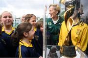 10 May 2023; Republic of Ireland manager Vera Pauw and pupils from Scoil Treasa Naofa, Donore Avenue, Dublin, view the FIFA Women’s World Cup trophy during a grassroots girls schools blitz, part of the FIFA Women’s World Cup Trophy Tour in Dublin, at Irishtown Stadium in Dublin. The FIFA Women’s World Cup Trophy Tour began in February and is visiting all 32 of the tournament’s participating nations – more countries than ever before! The tour is ‘Going Beyond’ to inspire people of all ages to get excited about the FIFA Women’s World Cup Australia & New Zealand 2023. Photo by Stephen McCarthy/Sportsfile