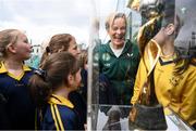 10 May 2023; Republic of Ireland manager Vera Pauw and pupils from Scoil Treasa Naofa, Donore Avenue, Dublin, view the FIFA Women’s World Cup trophy during a grassroots girls schools blitz, part of the FIFA Women’s World Cup Trophy Tour in Dublin, at Irishtown Stadium in Dublin. The FIFA Women’s World Cup Trophy Tour began in February and is visiting all 32 of the tournament’s participating nations – more countries than ever before! The tour is ‘Going Beyond’ to inspire people of all ages to get excited about the FIFA Women’s World Cup Australia & New Zealand 2023. Photo by Stephen McCarthy/Sportsfile