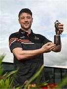 10 May 2023; PwC GAA/GPA Player of the Month for April in football, Keelan Sexton of Clare, with his award at PwC’s offices in Cork. Photo by Eóin Noonan/Sportsfile