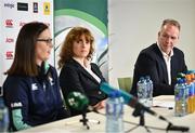 10 May 2023; IRFU Chief Executive Officer Kevin Potts, right, with, from left, IRFU Head of Women's Performance and Pathways Gillian McDarby and Chair of the Women's Subcommittee Fiona Steed during the IRFU Women In Rugby press briefing at the IRFU High Performance Centre at the Sport Ireland Campus in Dublin. Photo by David Fitzgerald/Sportsfile