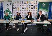 10 May 2023; IRFU Chief Executive Officer Kevin Potts, right, with, from left, IRFU Head of Equity, Diversity and Inclusivity Anne Marie Hughes, IRFU Head of Women's Performance and Pathways Gillian McDarby and Chair of the Women's Subcommittee Fiona Steed during the IRFU Women In Rugby press briefing at the IRFU High Performance Centre at the Sport Ireland Campus in Dublin. Photo by David Fitzgerald/Sportsfile