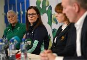 10 May 2023; IRFU Head of Equity, Diversity and Inclusivity Anne Marie Hughes, left, with IRFU Head of Women's Performance and Pathways Gillian McDarby, Chair of the Women's Subcommittee Fiona Steed and IRFU Chief Executive Officer Kevin Potts during the IRFU Women In Rugby press briefing at the IRFU High Performance Centre at the Sport Ireland Campus in Dublin. Photo by David Fitzgerald/Sportsfile