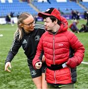 10 May 2023; Leinster rugby player Emma Tilly with Leo Brennan during a Leinster Rugby Inclusion Rugby open day at Energia Park in Dublin. Photo by Piaras Ó Mídheach/Sportsfile