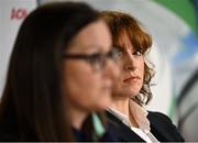 10 May 2023; Chair of the Women's Subcommittee Fiona Steed, right, and IRFU Head of Women's Performance and Pathways Gillian McDarby during the IRFU Women In Rugby press briefing at the IRFU High Performance Centre at the Sport Ireland Campus in Dublin. Photo by David Fitzgerald/Sportsfile