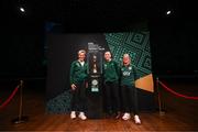 10 May 2023; Republic of Ireland manager Vera Pauw, left, Republic of Ireland international Abbie Larkin and former Republic of Ireland international Olivia O'Toole, right, with the FIFA Women’s World Cup trophy, part of the FIFA Women’s World Cup Trophy Tour in Dublin, at The Mansion House. The FIFA Women’s World Cup Trophy Tour began in February and is visiting all 32 of the tournament’s participating nations – more countries than ever before! The tour is ‘Going Beyond’ to inspire people of all ages to get excited about the FIFA Women’s World Cup Australia & New Zealand 2023. Photo by Stephen McCarthy/Sportsfile