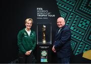 10 May 2023; Republic of Ireland manager Vera Pauw and FAI president Gerry McAnaney with the FIFA Women’s World Cup trophy, part of the FIFA Women’s World Cup Trophy Tour in Dublin, at The Mansion House. The FIFA Women’s World Cup Trophy Tour began in February and is visiting all 32 of the tournament’s participating nations – more countries than ever before! The tour is ‘Going Beyond’ to inspire people of all ages to get excited about the FIFA Women’s World Cup Australia & New Zealand 2023. Photo by Stephen McCarthy/Sportsfile