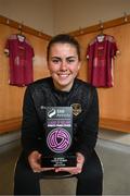 12 May 2023; Jenna Slattery of Galway United with her SSE Airtricity Player of the Month Award for April 2023 at Eamonn Deacy Park in Galway. Photo by Ray Ryan/Sportsfile