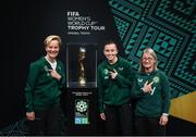 10 May 2023; Republic of Ireland manager Vera Pauw, left, Republic of Ireland international Abbie Larkin and former Republic of Ireland international Olivia O'Toole, right, with the FIFA Women’s World Cup trophy, part of the FIFA Women’s World Cup Trophy Tour in Dublin, at The Mansion House. The FIFA Women’s World Cup Trophy Tour began in February and is visiting all 32 of the tournament’s participating nations – more countries than ever before! The tour is ‘Going Beyond’ to inspire people of all ages to get excited about the FIFA Women’s World Cup Australia & New Zealand 2023. Photo by Stephen McCarthy/Sportsfile
