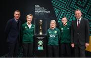 10 May 2023; Thomas Byrne T.D, Minister of State at the Department of Tourism, Culture, Arts, Gaeltacht, Sport and Media and at the Department of Education, right, with, from left, FAI chief executive Jonathan Hill, Republic of Ireland manager Vera Pauw, former Republic of Ireland international Olivia O'Toole and Republic of Ireland international Abbie Larkin with the FIFA Women’s World Cup trophy, part of the FIFA Women’s World Cup Trophy Tour in Dublin, at The Mansion House. The FIFA Women’s World Cup Trophy Tour began in February and is visiting all 32 of the tournament’s participating nations – more countries than ever before! The tour is ‘Going Beyond’ to inspire people of all ages to get excited about the FIFA Women’s World Cup Australia & New Zealand 2023. Photo by Stephen McCarthy/Sportsfile