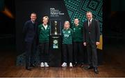 10 May 2023; Thomas Byrne T.D, Minister of State at the Department of Tourism, Culture, Arts, Gaeltacht, Sport and Media and at the Department of Education, right, with, from left, FAI chief executive Jonathan Hill, Republic of Ireland manager Vera Pauw, former Republic of Ireland international Olivia O'Toole and Republic of Ireland international Abbie Larkin with the FIFA Women’s World Cup trophy, part of the FIFA Women’s World Cup Trophy Tour in Dublin, at The Mansion House. The FIFA Women’s World Cup Trophy Tour began in February and is visiting all 32 of the tournament’s participating nations – more countries than ever before! The tour is ‘Going Beyond’ to inspire people of all ages to get excited about the FIFA Women’s World Cup Australia & New Zealand 2023. Photo by Stephen McCarthy/Sportsfile