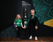 10 May 2023; Republic of Ireland manager Vera Pauw and Republic of Ireland supporter Annie Mulholland, age 8, from Newbridge, Kildare, with the FIFA Women’s World Cup trophy, part of the FIFA Women’s World Cup Trophy Tour in Dublin, at The Mansion House. The FIFA Women’s World Cup Trophy Tour began in February and is visiting all 32 of the tournament’s participating nations – more countries than ever before! The tour is ‘Going Beyond’ to inspire people of all ages to get excited about the FIFA Women’s World Cup Australia & New Zealand 2023. Photo by Stephen McCarthy/Sportsfile