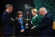 10 May 2023; Caroline Conroy, Lord Mayor of Dublin, with, from left, FAI chief executive Jonathan Hill, Republic of Ireland manager Vera Pauw, FAI president Gerry McAnaney and the FIFA Women’s World Cup trophy, part of the FIFA Women’s World Cup Trophy Tour in Dublin, at The Mansion House. The FIFA Women’s World Cup Trophy Tour began in February and is visiting all 32 of the tournament’s participating nations – more countries than ever before! The tour is ‘Going Beyond’ to inspire people of all ages to get excited about the FIFA Women’s World Cup Australia & New Zealand 2023. Photo by Stephen McCarthy/Sportsfile