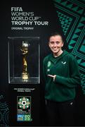 10 May 2023; Republic of Ireland international Abbie Larkin with the FIFA Women’s World Cup trophy, part of the FIFA Women’s World Cup Trophy Tour in Dublin, at The Mansion House. The FIFA Women’s World Cup Trophy Tour began in February and is visiting all 32 of the tournament’s participating nations – more countries than ever before! The tour is ‘Going Beyond’ to inspire people of all ages to get excited about the FIFA Women’s World Cup Australia & New Zealand 2023. Photo by Stephen McCarthy/Sportsfile
