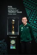 10 May 2023; Republic of Ireland international Abbie Larkin with the FIFA Women’s World Cup trophy, part of the FIFA Women’s World Cup Trophy Tour in Dublin, at The Mansion House. The FIFA Women’s World Cup Trophy Tour began in February and is visiting all 32 of the tournament’s participating nations – more countries than ever before! The tour is ‘Going Beyond’ to inspire people of all ages to get excited about the FIFA Women’s World Cup Australia & New Zealand 2023. Photo by Stephen McCarthy/Sportsfile