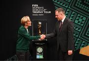 10 May 2023; Republic of Ireland manager Vera Pauw and Thomas Byrne T.D, Minister of State at the Department of Tourism, Culture, Arts, Gaeltacht, Sport and Media and at the Department of Education, with the FIFA Women’s World Cup trophy, part of the FIFA Women’s World Cup Trophy Tour in Dublin, at The Mansion House. The FIFA Women’s World Cup Trophy Tour began in February and is visiting all 32 of the tournament’s participating nations – more countries than ever before! The tour is ‘Going Beyond’ to inspire people of all ages to get excited about the FIFA Women’s World Cup Australia & New Zealand 2023. Photo by Stephen McCarthy/Sportsfile
