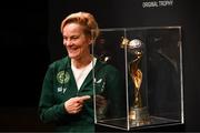 10 May 2023; Republic of Ireland manager Vera Pauw with the FIFA Women’s World Cup trophy, part of the FIFA Women’s World Cup Trophy Tour in Dublin, at The Mansion House. The FIFA Women’s World Cup Trophy Tour began in February and is visiting all 32 of the tournament’s participating nations – more countries than ever before! The tour is ‘Going Beyond’ to inspire people of all ages to get excited about the FIFA Women’s World Cup Australia & New Zealand 2023. Photo by Stephen McCarthy/Sportsfile