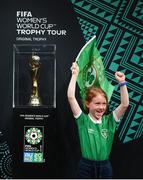 10 May 2023; Valerie O'Connor, age 7, with the FIFA Women’s World Cup trophy, part of the FIFA Women’s World Cup Trophy Tour in Dublin, at The Mansion House. The FIFA Women’s World Cup Trophy Tour began in February and is visiting all 32 of the tournament’s participating nations – more countries than ever before! The tour is ‘Going Beyond’ to inspire people of all ages to get excited about the FIFA Women’s World Cup Australia & New Zealand 2023. Photo by Stephen McCarthy/Sportsfile