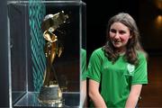10 May 2023; Ella Sherlock, from Knocklyon, a member of the CP football development academy, with the FIFA Women’s World Cup trophy, part of the FIFA Women’s World Cup Trophy Tour in Dublin, at The Mansion House. The FIFA Women’s World Cup Trophy Tour began in February and is visiting all 32 of the tournament’s participating nations – more countries than ever before! The tour is ‘Going Beyond’ to inspire people of all ages to get excited about the FIFA Women’s World Cup Australia & New Zealand 2023. Photo by Stephen McCarthy/Sportsfile