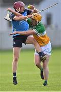 10 May 2023; James O'Brien of Dublin in action against Joe Hoctor of Offaly during the oneills.com Leinster GAA Hurling U20 Championship Semi-Final match between Offaly and Dublin at Glenisk O'Connor Park in Tullamore, Offaly. Photo by Piaras Ó Mídheach/Sportsfile