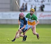 10 May 2023; James O'Brien of Dublin in action against Dan Bourke of Offaly during the oneills.com Leinster GAA Hurling U20 Championship Semi-Final match between Offaly and Dublin at Glenisk O'Connor Park in Tullamore, Offaly. Photo by Piaras Ó Mídheach/Sportsfile
