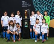 10 May 2023; Lycée Français International Samuel Beckett with the FIFA Women’s World Cup trophy during a grassroots girls schools blitz, part of the FIFA Women’s World Cup Trophy Tour in Dublin, at Irishtown Stadium in Dublin. The FIFA Women’s World Cup Trophy Tour began in February and is visiting all 32 of the tournament’s participating nations – more countries than ever before! The tour is ‘Going Beyond’ to inspire people of all ages to get excited about the FIFA Women’s World Cup Australia & New Zealand 2023. Photo by Stephen McCarthy/Sportsfile